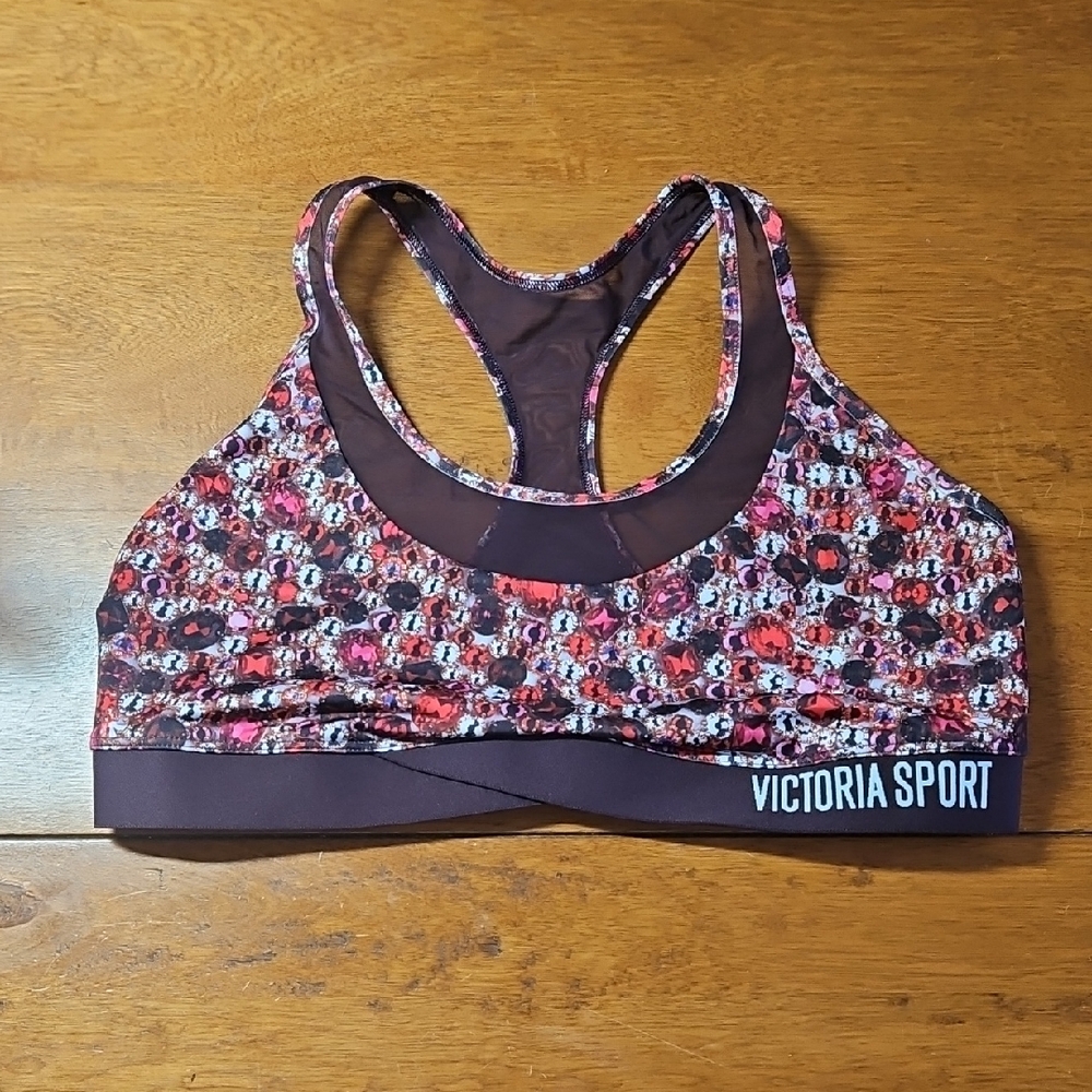 Victoria Sport Red and Purple Jewel Patterned Sports Bra With Mesh Trim